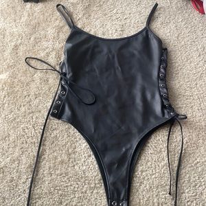 forever 21 leather bodysuit with side cross detail